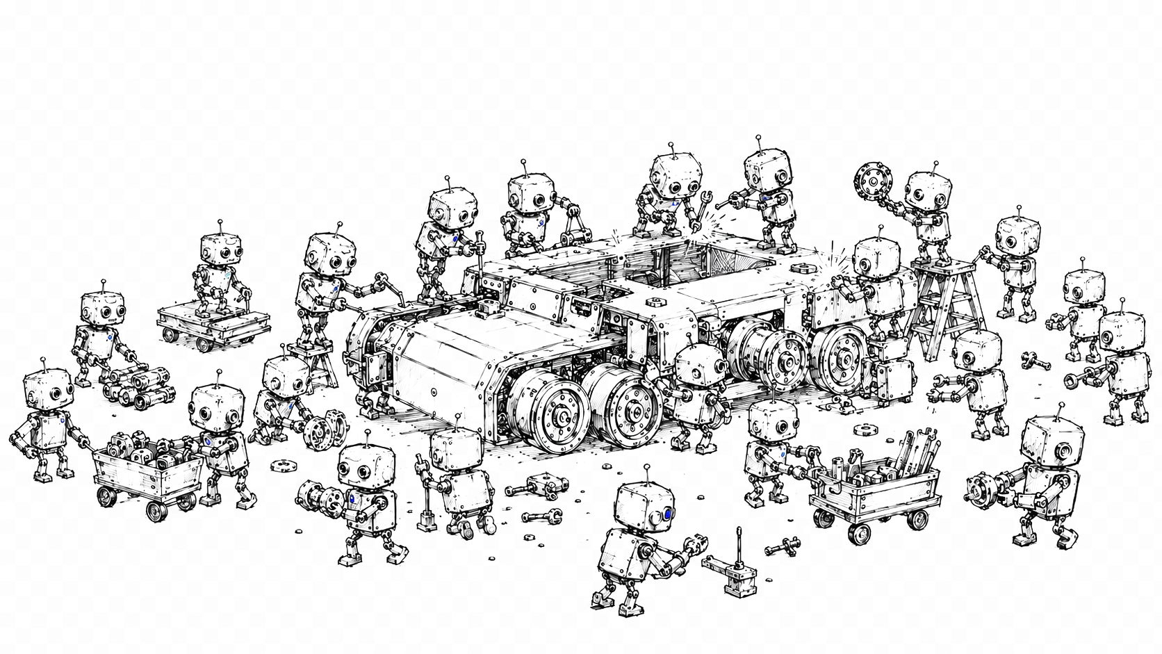 Hand-drawn sketch of a swarm of little robots building a machine while a larger robot directs them