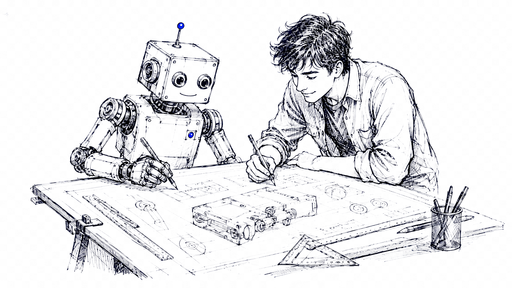 Hand-drawn sketch of a robot and a person sketching together at a drafting board